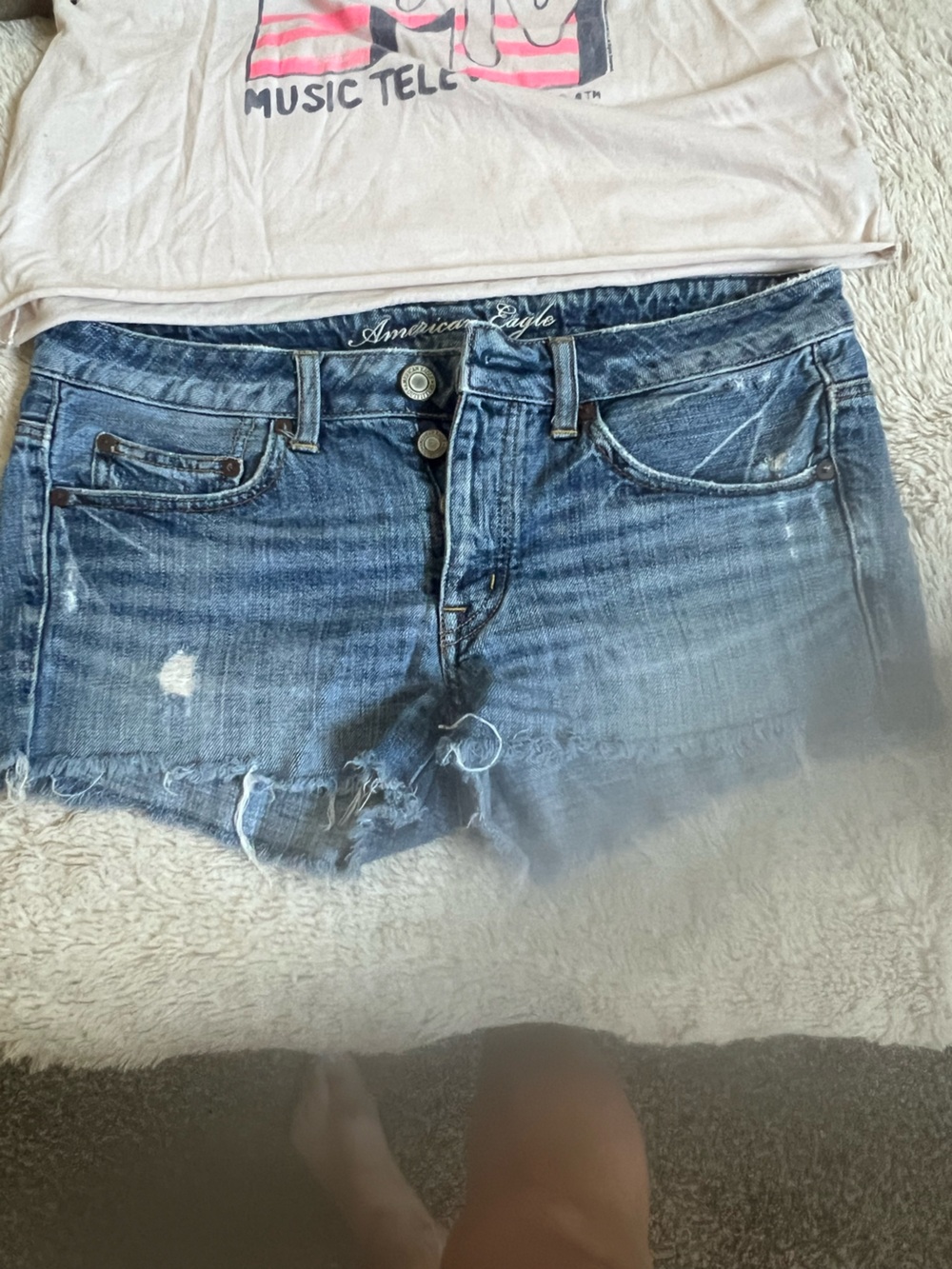 American Eagle Outfitters Light Blue Denim Shorts with Leather Patch